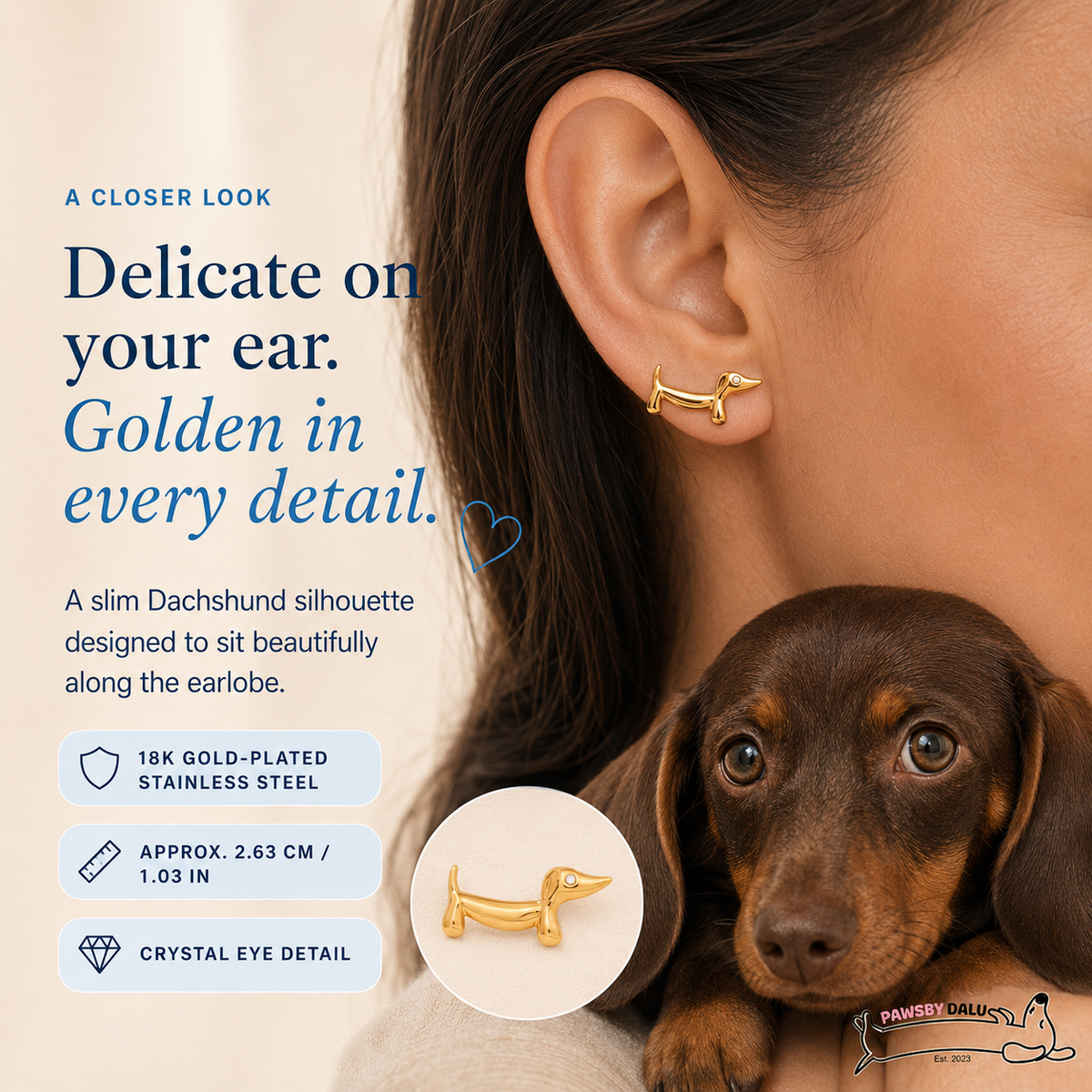 Little Dachshund Gold Earrings