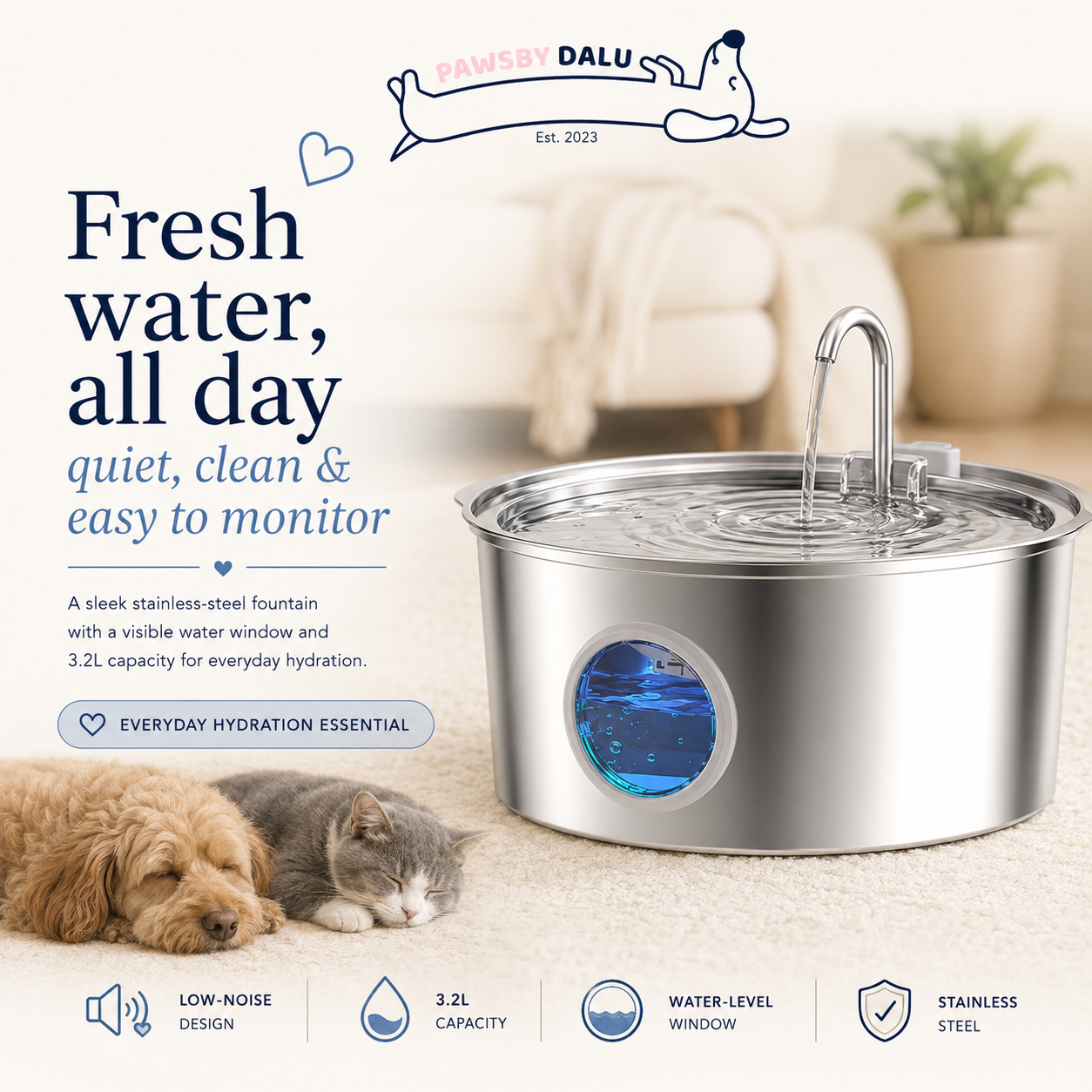 DALU FreshFlow Stainless Steel Pet Fountain