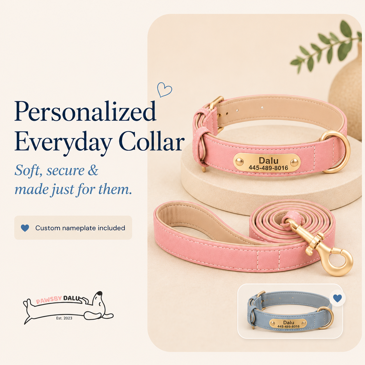 Personalized Dog Collar with Nameplate & Matching Leash